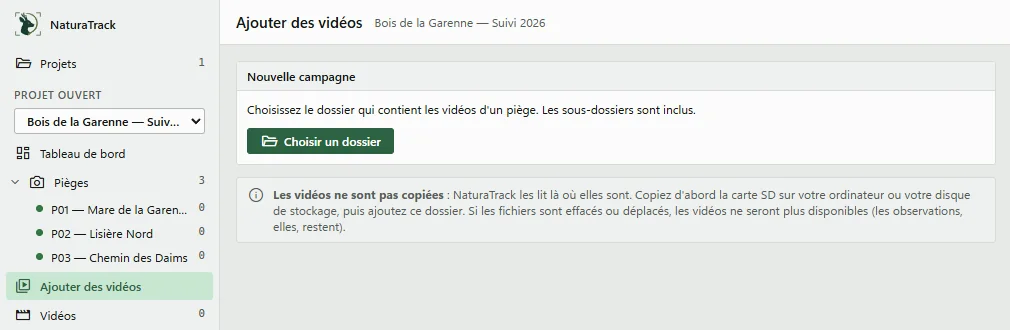 Écran Ajouter des vidéos, bouton Choisir un dossier