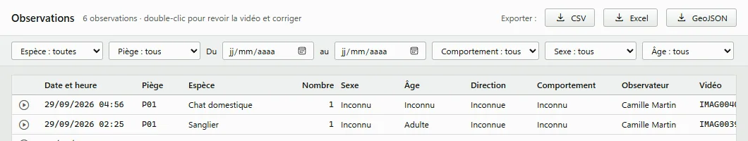 Écran Observations : boutons d'export CSV, Excel et GeoJSON
