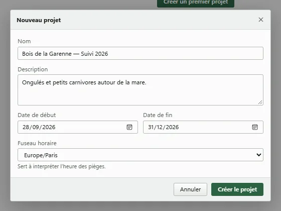 Fenêtre Nouveau projet remplie