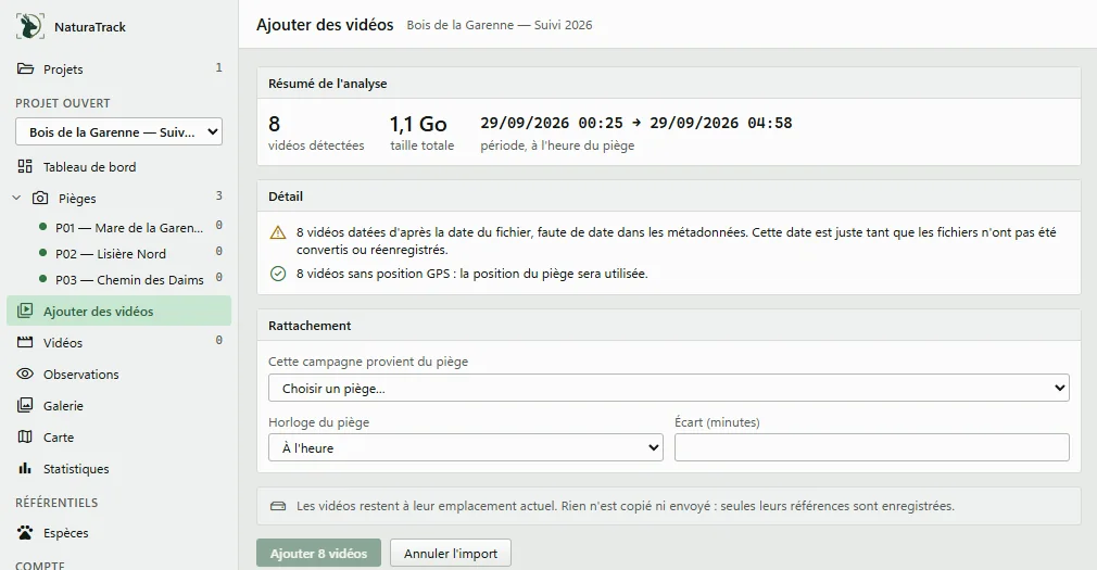 Résumé de l'analyse : 8 vidéos, période, rattachement au piège et horloge