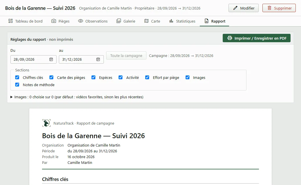 Onglet Rapport du projet sur le site : réglages et aperçu du rapport de campagne