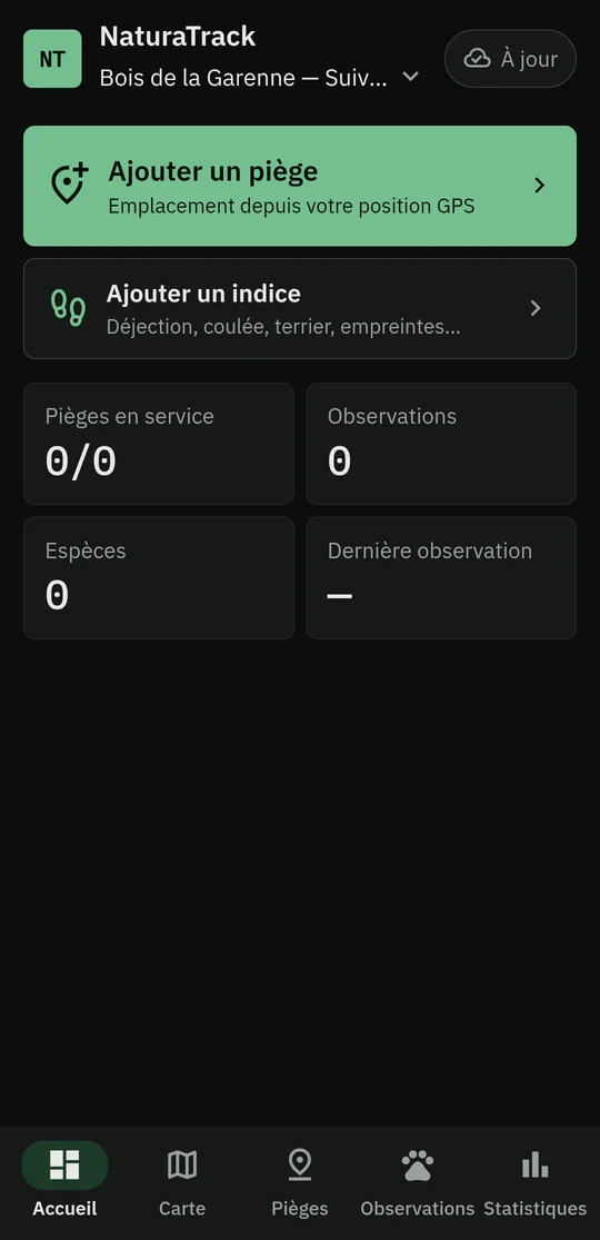 Accueil de l'application : projet choisi, bouton Ajouter un piège