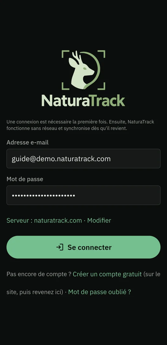 Écran de connexion de l'application Android