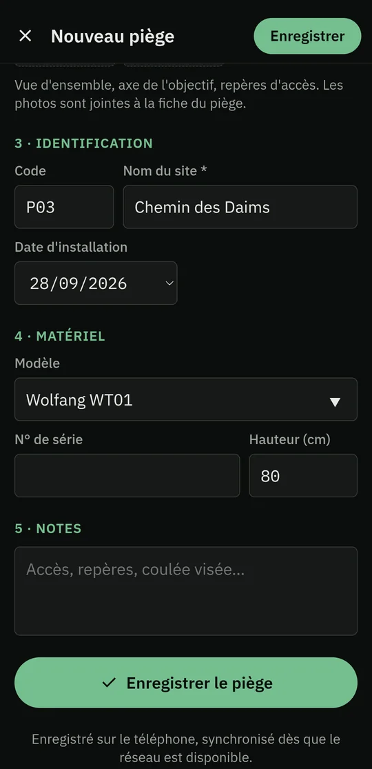 Nouveau piège : code, nom du site, date d'installation, modèle et hauteur
