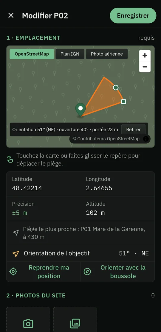 Champ de vision du piège en orange sur la carte, orienté au nord-est