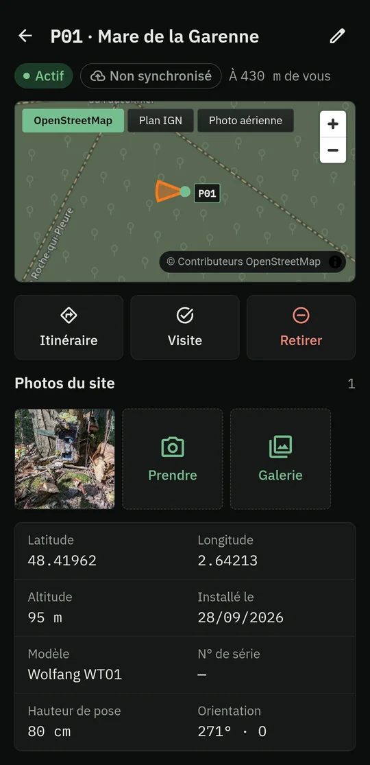 Fiche du piège P01 avec une photo du site