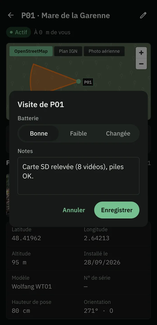 Fenêtre Visite de P01 : batterie bonne, note sur la carte SD relevée