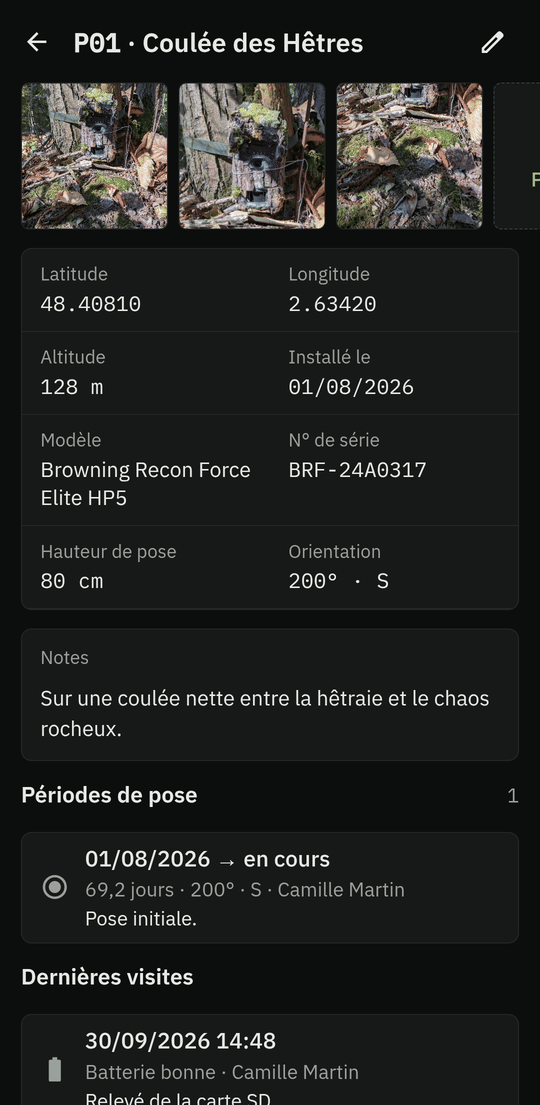Fiche d'un piège : photos du site, modèle, numéro de série, hauteur de pose, périodes de pose et dernière visite avec l'état de la batterie