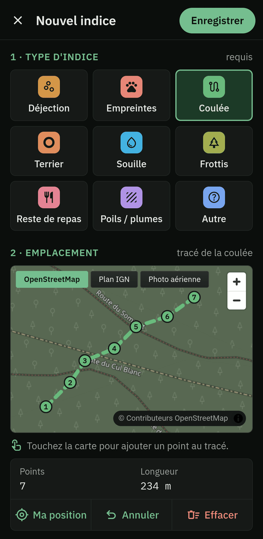 Formulaire « Nouvel indice » : choix du type et coulée tracée point par point sur la carte
