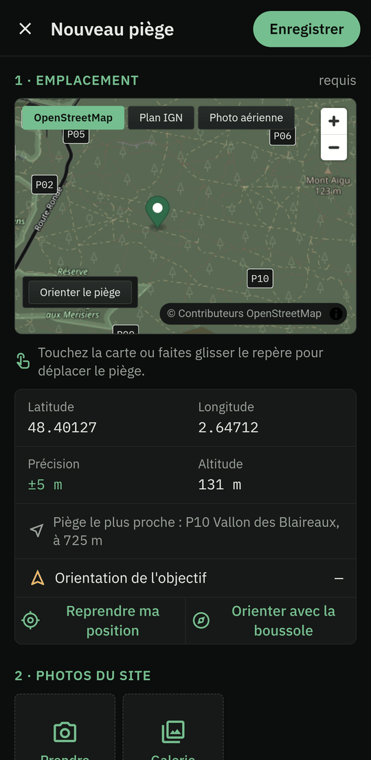 Écran « Nouveau piège » de l'application : position GPS mesurée à ±5 m sur la carte
