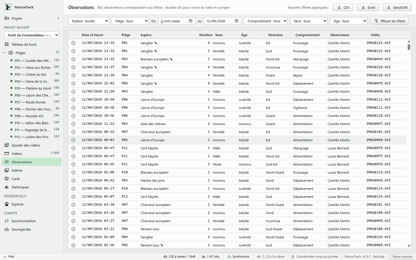 Liste des observations du logiciel de bureau