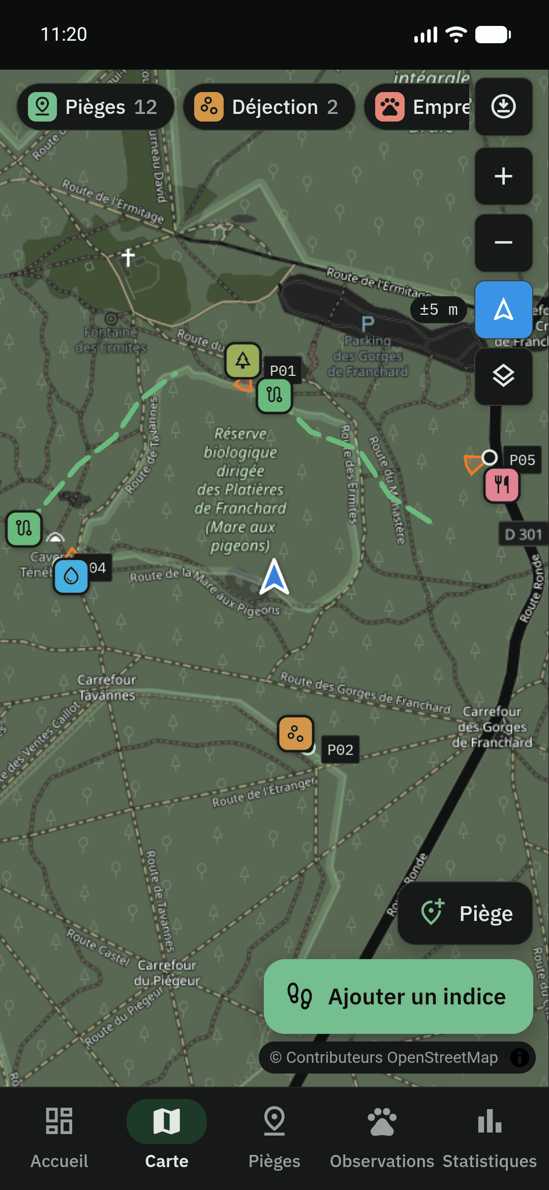 Carte des pièges dans l'application Android